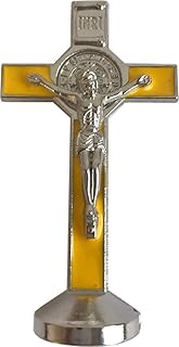 Holy Land Market Saint Benedict Small Crucifix with Sticker for Car or Table (3 inches) (Yellow)