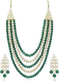 Fancy 4 Layered Long Kundan Pearl Necklace and Earrings Set/Wedding Jewellery Set (Green) Fashion Jewellery for Indian Women