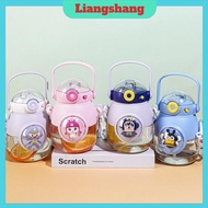 Girl Baby Water Bottle (900ml) - Cartoon Pattern Plastic Water Bottle with Straw and Sticker.
