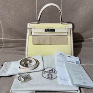 Hermes Kelly28奶油白拼小雞黃帆布拼u刻