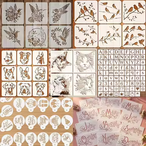 Reusable Stencil Set of 7 Styles, Hummingbird/Birds/Dogs/Cats/Alphabet/Birthday/Month Templates for 