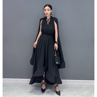 ชุดเดรสผ้าชีฟองสำหรับผู้หญิง Gamis Elegan ทรงสวิงกว้างยาวขอบแต่งระบายคอวีแขนใหม่ฤดูร้อน