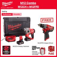 Milwaukee M12 M12CH-602C 12V SDS-PLUS Brushless 2-mode Rotary Hammer  + M12 CPD Brushless 12V Impact Driver  Combo Set