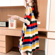 Oversized Plus Size 100KG Korean Style Women Midi Hoodie T-shirt Dress Round Neck Short Sleeves Stripe Dress