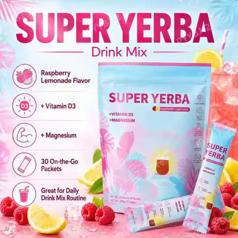 Yerba Instant Powder 30 Packets Contain Raspberry Lemonade Flavor Vitamin D3 Prebiotics Support Gut 