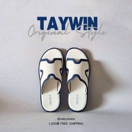 🔺ใหม่🔺2024 Taywin Original รองเท้าแตะชาย เทวินทร์ หนังสีขาวสลับผ้าแคนวาส ขอบน้ำเงิน