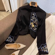 Slim Blouse Crane in the Cloud Stand Collar Panbuckle Early Autumn Embroidery Flare Sleeve Imitation