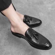 EIFAK Leather Mules for Men Tassels Loafers British Style Pointed Toe Luxury Smoking Half Shoes Slip