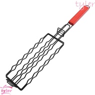 TYLER1 Hot Dogs Grilling Basket, Folding Iron Wire BBQ Sausage Rack, Portable Flexible Clamp with Wood Handle Non Stick BBQ Mesh Clip Holder Barbecue