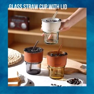 JOM Glass Straw Cup with Lid Heat Cold Resistant Iced Water Bottle Viral Coffee Glass Mug Transparen