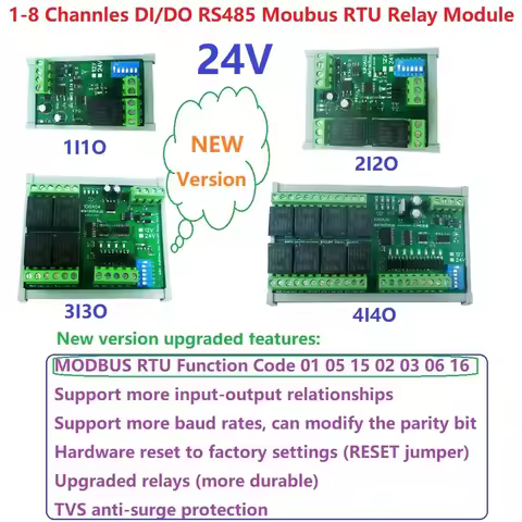 DC 24V 1/2/4/8/12CH RS485 IO Module Modbus RTU 10A Relay DO NPN DI Dry Contact Board