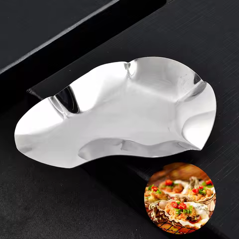 1Pc Stainless Steel Oyster Shell Plate, Multifunctional Seafood Serving Dish, Durable Snack Sauce Tr