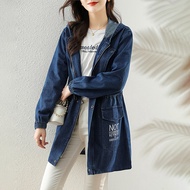 เสื้อแจ็คเก็ตยีนส์ทรงเข้ารูปแขนยาวมีฮู้ด ทรงสลิมฟิต สำหรับผู้หญิงไซส์ใหญ่ เสื้อคลุมกันหนาวแบบยาวปานก