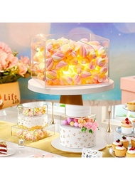 1個透明壓克力蛋糕架,方形可填充蛋糕顯示架帶蓋,浮動生日婚禮蛋糕裝飾中心