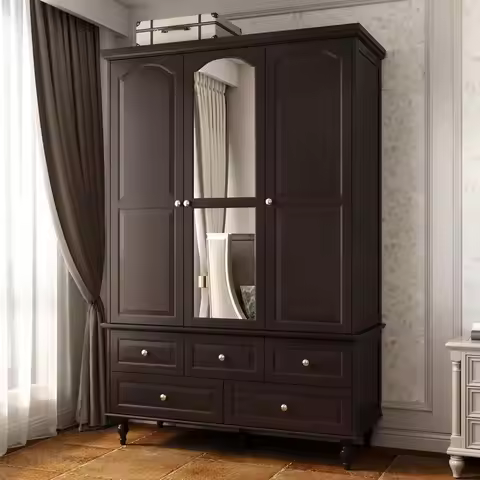 Wooden Armoire with Mirror, 5 Drawers, 3 Doors, 4-Tier Cubes, Hanging Rod - Bedroom Storage (47.2L x