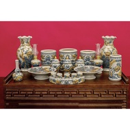 Ancestor altar set with antique cracked enamel, hand-embossed motifs. High quality Bat Trang ceramic