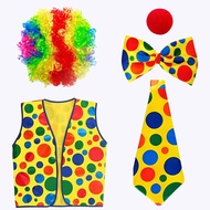 Fancy Clown Props Rainbow Wig Polka Dot Vest Bow Tie Red Nose Joker Costume Halloween Party Cosplay