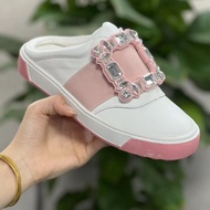2024rv New Casual * Rhinestone Square Buckle Half Slippers * Genuine Leather RV Sneaker * White Shoe