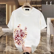 2024 New Plus Size Men's Korean Trendy Cotton Patchwork Pattern Printed Street Style Tee Casual Shor