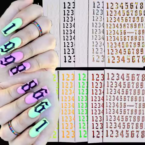 8X10CM Retro Gothic Arab Numbers Nail Stickers 3D Black/ White/Gold/Silver Number Nail Decal Self-Ad