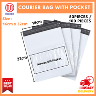 50 pieces / 100pieces - A5 size ( 16cm x 32cm ) White courier bag with pocket / packaging plastic ba