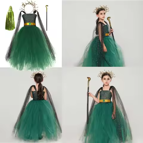 Kids Girls Medusa Cosplay Dress Headwear Children Stage Performance Green Costume Fantasy Outfits Ha
