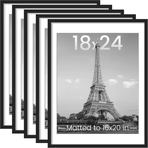 18x24 Picture Frame Set of 5, Display Pictures 16x20 with Mat or 18 x 24 Without, Wall Gallery Poste