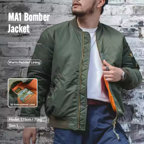 Maden Vintage MA1 Pilot Jacket Green Thickened Cotton-padded Jacket Casual Baseball Pockets Flight Z