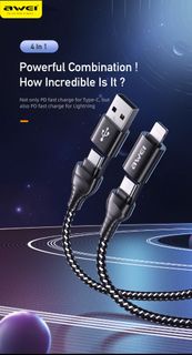 Awei 4 in 1 multi Charging Cable - Braided USB to Lightning / Type-C Cable Black 1.2m (USB-C to C , 
