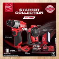 MILWAUKEE M12 FUEL STARTER COLLECTION CORDLESS PERCUSSION DRILL, FAN AND LIGHTING COMBO SET