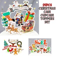 24pcs cake toppers christmas decorating log cake decoration xmas gift decoration prints cupcake topper xmas tree wreath