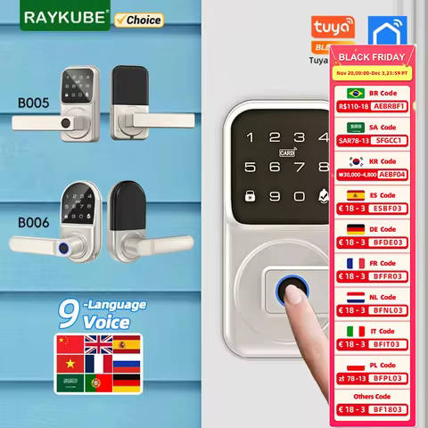 RAYKUBE Tuya BLE Intelligent Fingerprint Electronic Deadbolt With 9-Language Voice Doorbell APP Cont