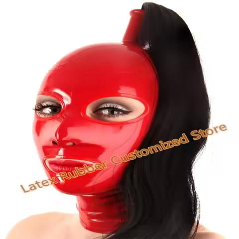 Womens Lingerie Latex Hood Red Mask with Ponytail Wig Black Hair with Back Zip for Party Night Club 