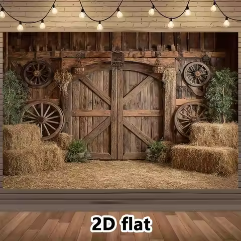 2D plan, 1 piece, rural barn door background wall - dark brown barn door farmhouse party decoration