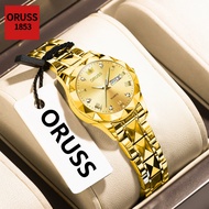 ORUSS Original Women Stainless Steel Gold Luxury Dual Calendar Waterproof Luminous Small Watch Analo