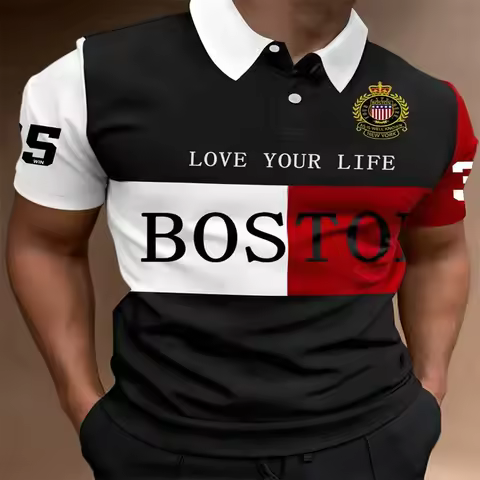 2026Manfinity Homme Manfinity Sporty Men's Simple Print Turndown Collar Ribbed Polo Shirt
