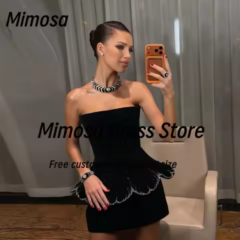 Mimosa Special Occasion Girls Wear Little Black Dress Strapless Prom Dresses Beaded Peplum Mini Cock