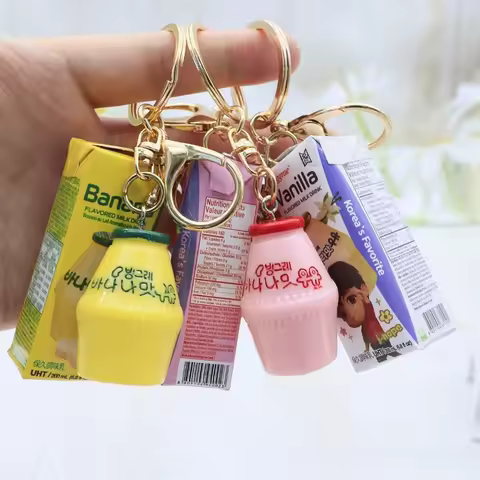 Faux Milk Keychain Set Material Resin Banana Strawberry Milk Drink Carton Keychain and Bag Charm