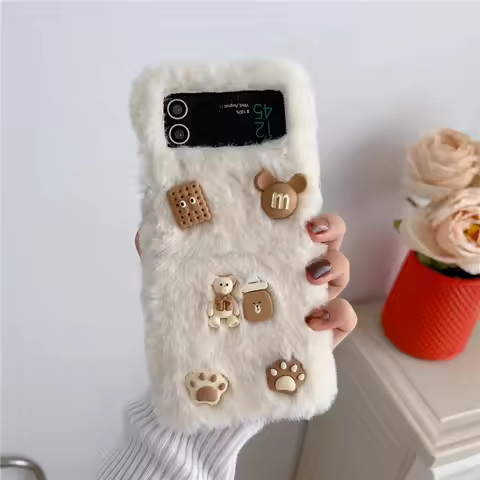 Cute Warm Fur Bear Funny Mascot Z Flip 6 Z Flip 5 Phnoe Case For Samsung Z Flip 1 2 3 4 5G Hard Shel
