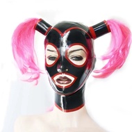 【sought-after】 Latex Hood Pigtails Rubber Hairpieces Wigs Twin Tails Pony Rear Zipper Neck Frills Bows