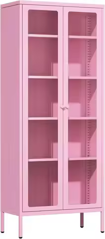 Metal Storage Cabinet with Glass Doors, Display Curio Glass Cabinet with 4 Adjustable Shelves, Tall 
