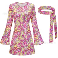 Ladies Holiday Retro 70s Hippie Disco Costume Gogo Dress Headscarf+Sequined Hot Diamond Dress