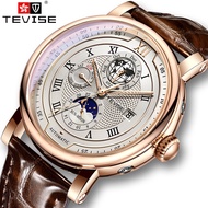 2023 TEVISE กันน้ำแนวธุรกิจ Mens Mechanical นาฬิกาแบรนด์หรูนาฬิกาหนังสำหรับชาย Moon Phase อัตโนมัติน