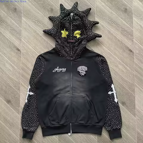 Glo Gang The Glory Full Zip Embroidery Hot Diamond Personality Pointed Corner Hooded Sweater GLO26HD