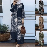 Muslim  Robe women's clothing plus size 5XL fashion printed robe sleeve women's long -sleeved butt shirt and trousers two -piece suit Baju Kurung