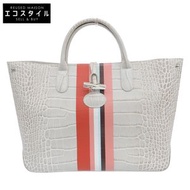 Longchamp ROSEAU 手提包，狀況極佳，鱷魚紋壓花，有襯裡，淺米色。