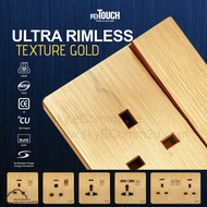 reTouch Gold Ultra Rimless Switch 13A 15A Big Rocker Universal USB Switched Socket 2 Gang Neon SIRIM