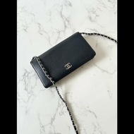 【LA LUNE】中古二手Chanel黑色魚子醬皮革WOC長夾錢包斜背側孭單肩鏈條手袋