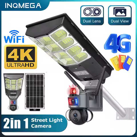 INQMEGA 4K Solar Powered Camera 4G SIM / WIFI with Street Light, Red and Blue Alarm Light Dual Lens 