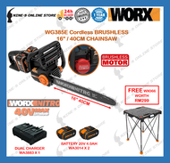 WORX WG385E Cordless BRUSHLESS CHAINSAW 2 x 20V 40V 16'' / 40cm Chain Bar 4.0A.h PowerShare PRO Battery Charger ( FREE WX066 )